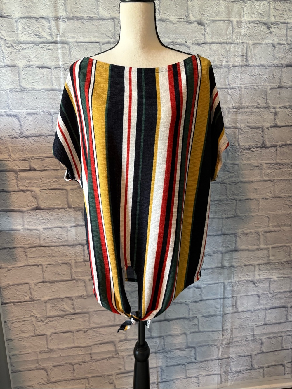 White Birch Striped Tie-Front Tunic in Black, Mustard, Red, Green & White
